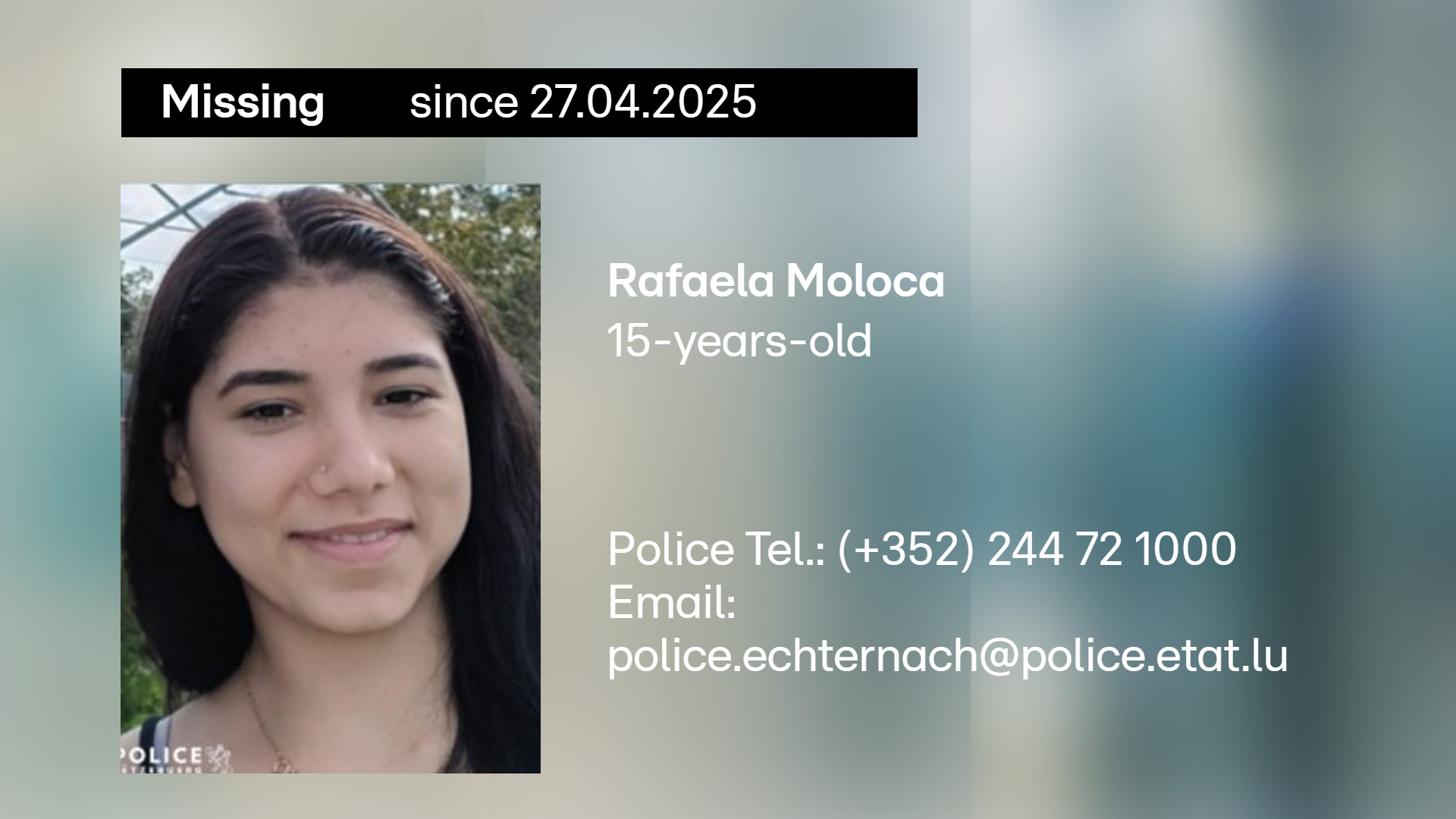 Witness appeal: 15-year-old Rafaela Moloca missing since last weekend Witness appeal: 15-year-old Rafaela Moloca missing since last weekend